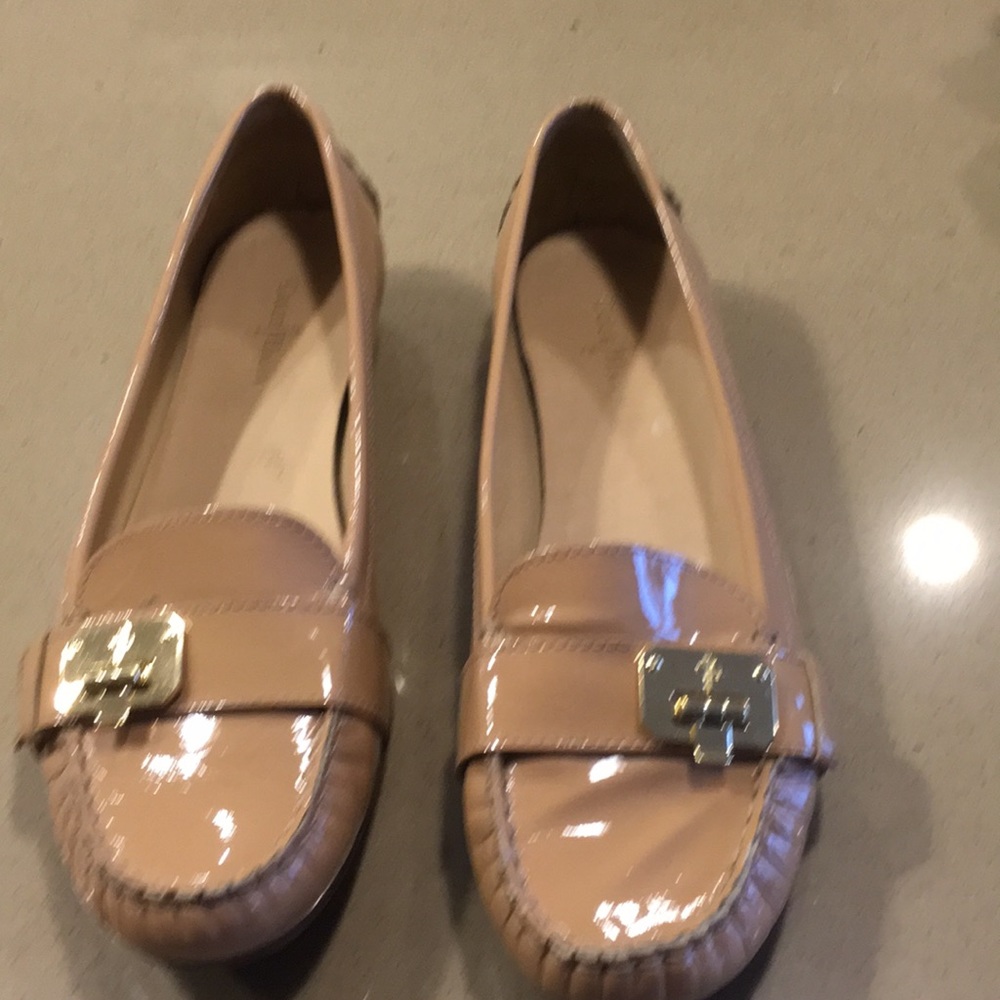 Cole Haan Patent Leather Loafers in Nude/Tan with Gold Hardware